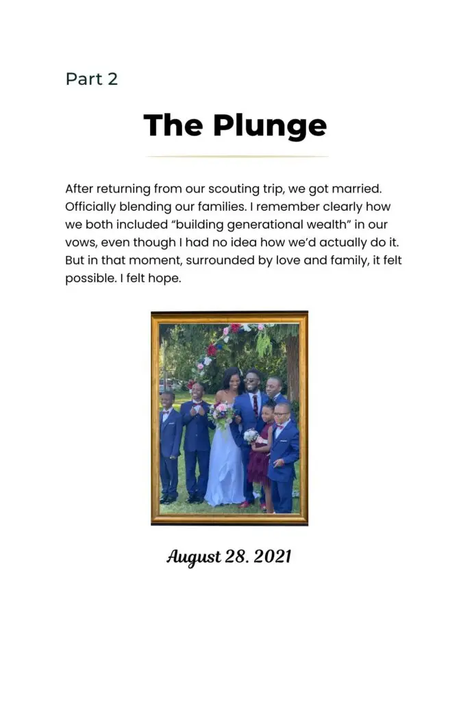 Legacy storybook page titled The Plunge, with wedding vows and a family photo representing new beginnings