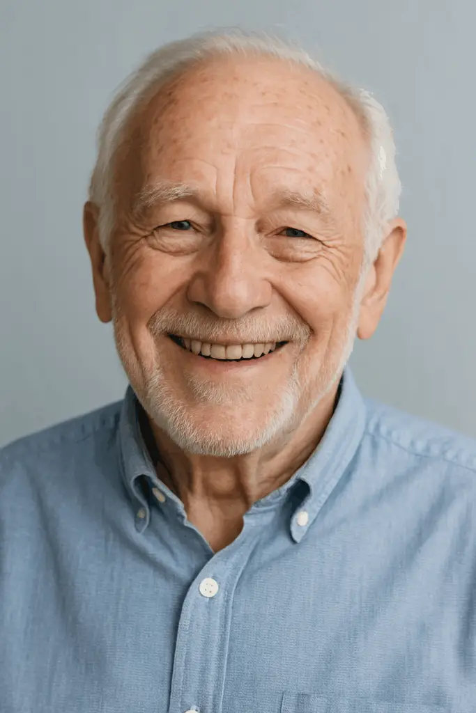 Smiling older man in a blue shirt, symbolizing legacy, wisdom, and life milestones